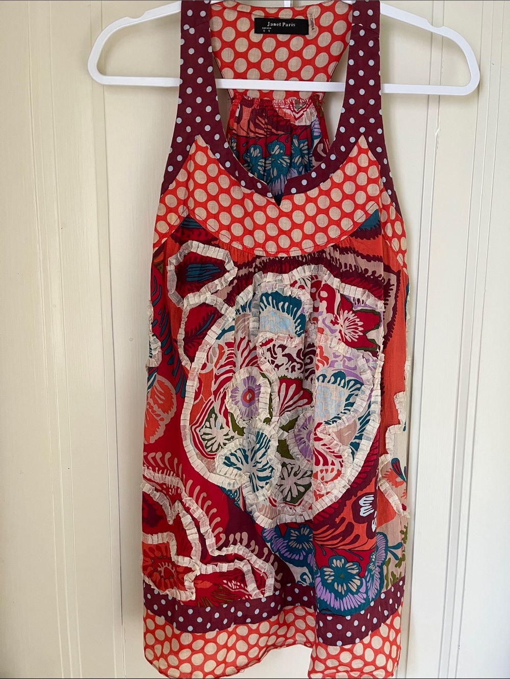 Janet Paris Boho Tank Top Tunic Floral Patchwork Appliqué Cotton Roomy Size S